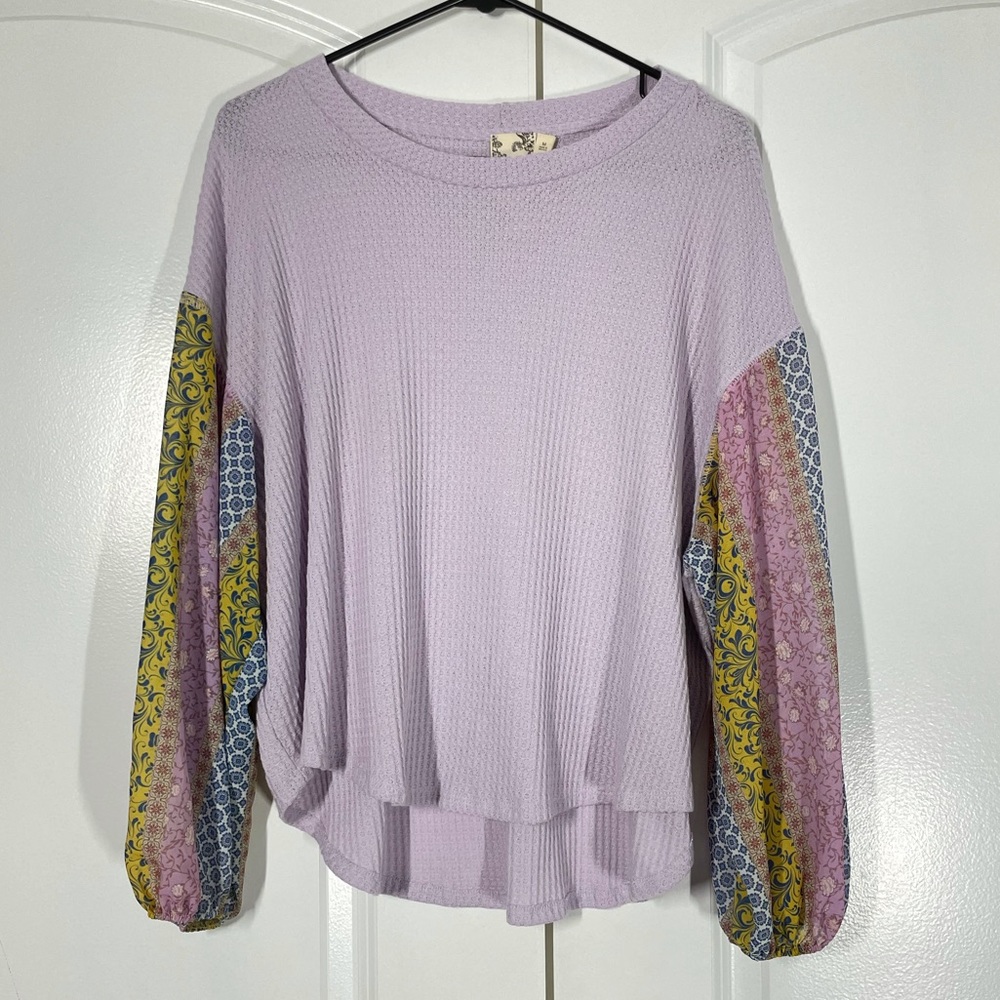 Blue - Pepper Lavender Thermal with Contrasting Ballon Sleeves Top size M - Picture 6 of 8